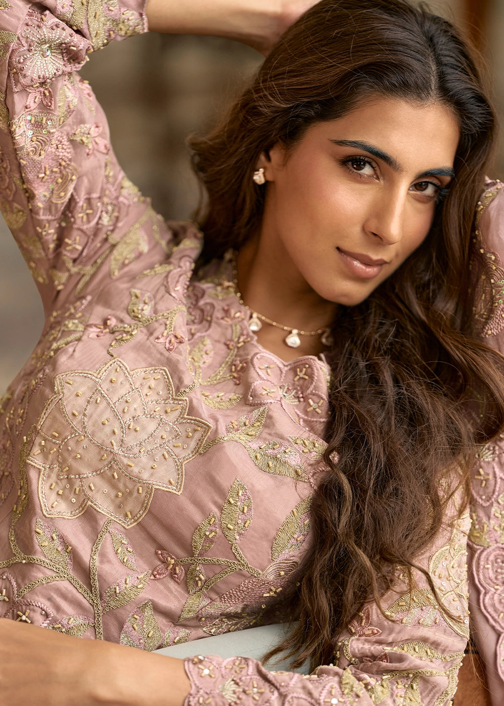 Blush Pink Simar Silk Palazzo Suit with Elegant Beadwork