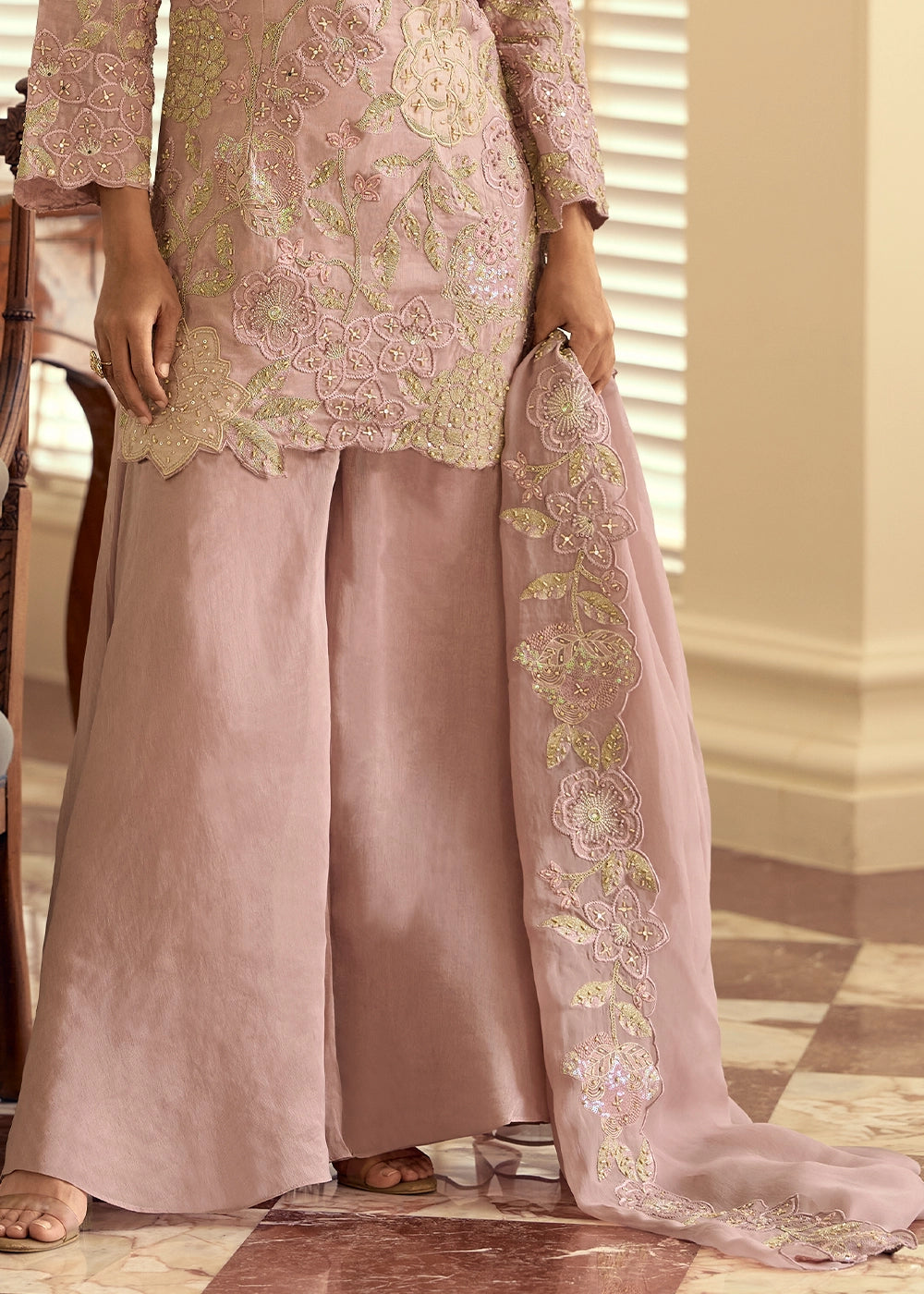 Blush Pink Simar Silk Palazzo Suit with Elegant Beadwork