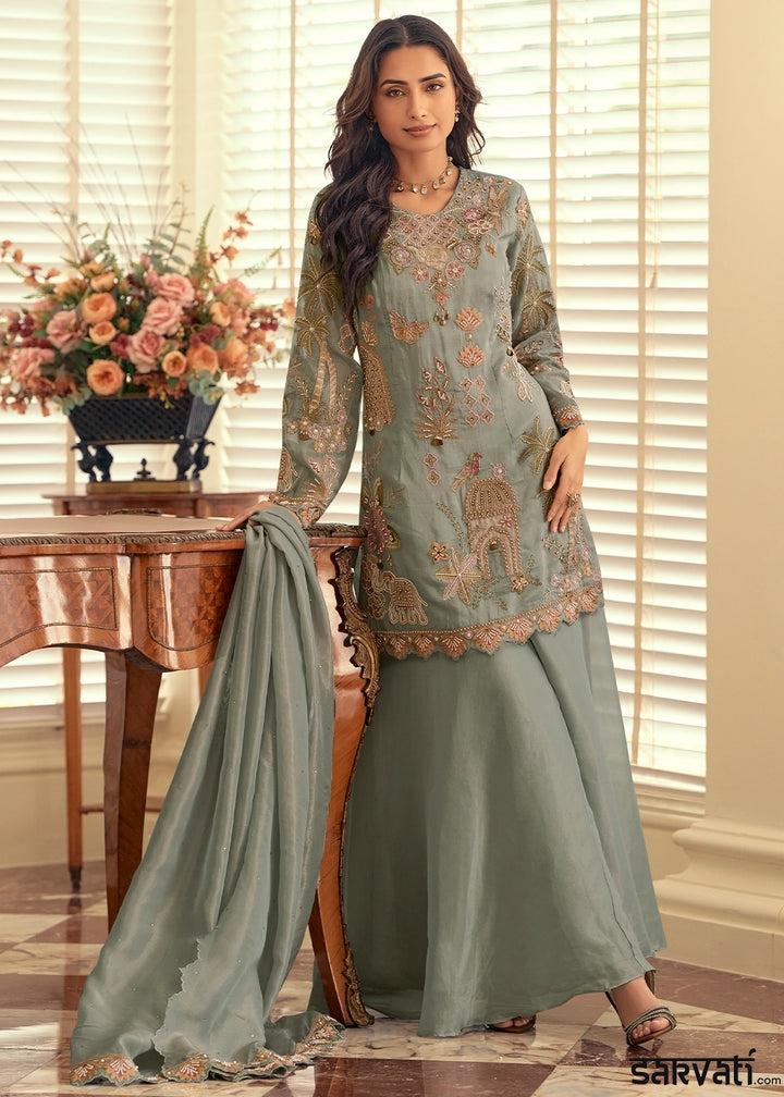 Echo Grey Simar Silk Palazzo Suit with Elegant Beadwork