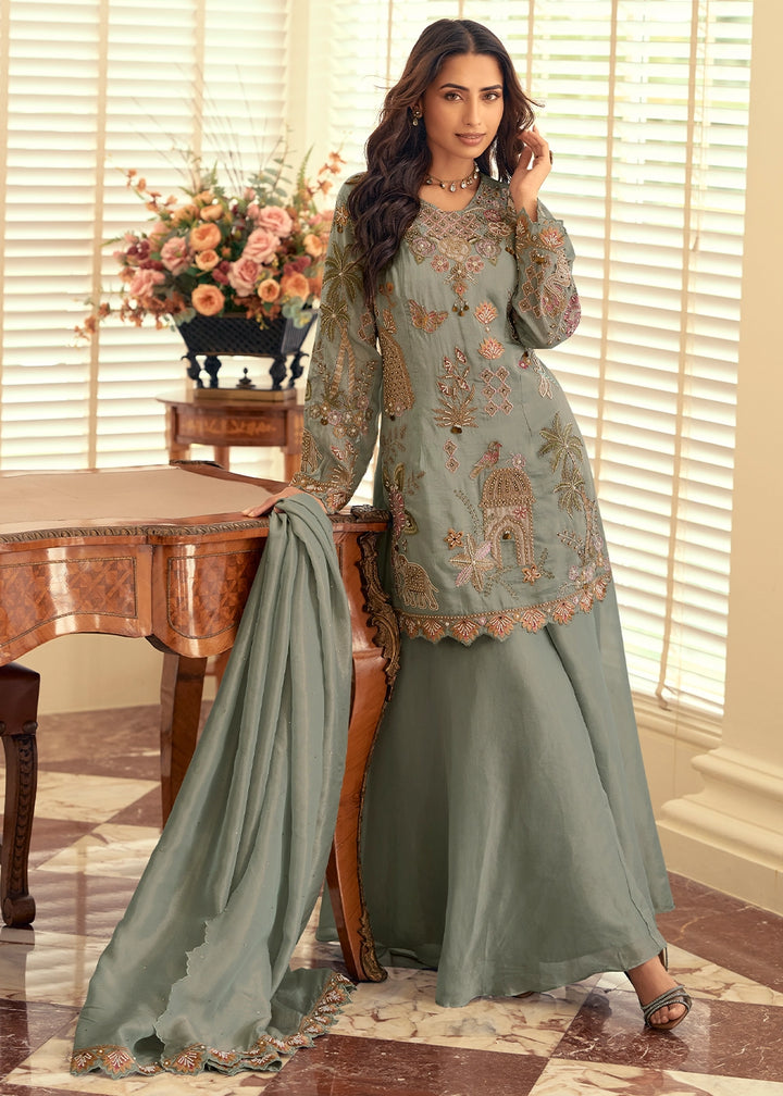 Echo Grey Simar Silk Palazzo Suit with Elegant Beadwork