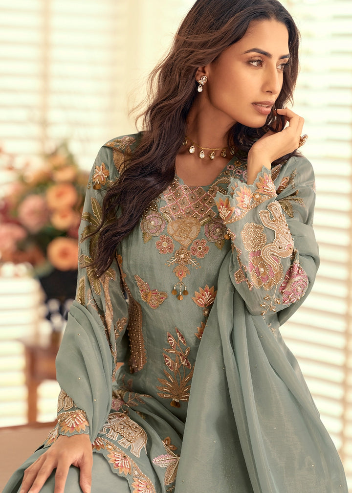 Echo Grey Simar Silk Palazzo Suit with Elegant Beadwork