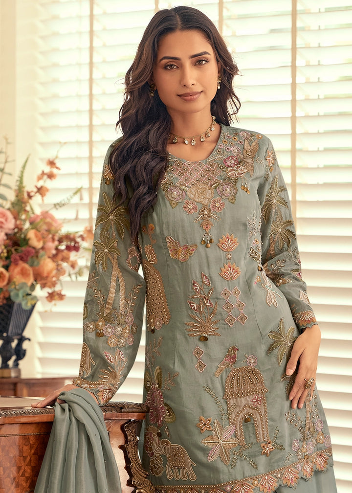 Echo Grey Simar Silk Palazzo Suit with Elegant Beadwork