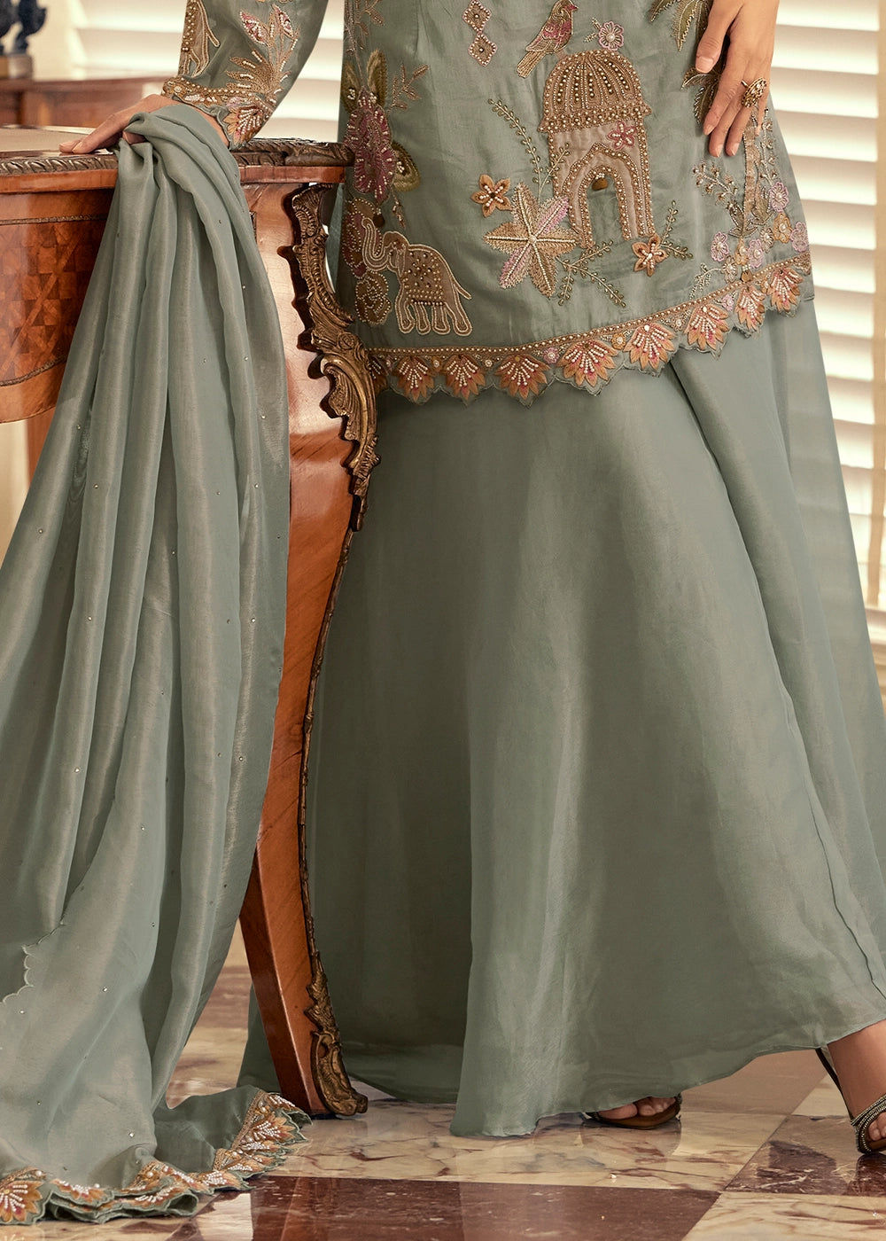 Echo Grey Simar Silk Palazzo Suit with Elegant Beadwork