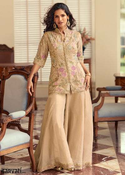 Beige Brown Simar Silk Palazzo Suit with Elegant Beadwork