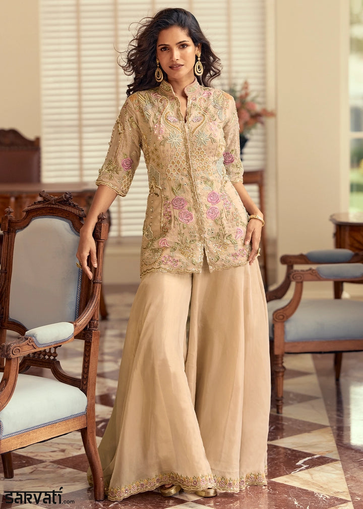 Beige Brown Simar Silk Palazzo Suit with Elegant Beadwork