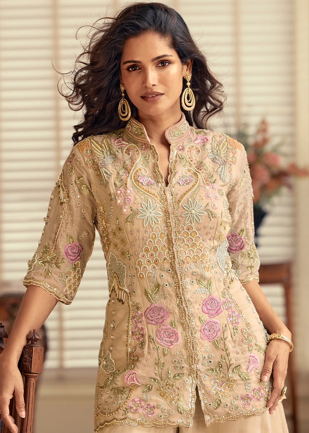 Beige Brown Simar Silk Palazzo Suit with Elegant Beadwork