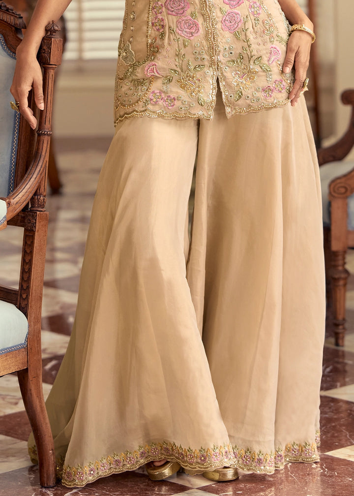 Beige Brown Simar Silk Palazzo Suit with Elegant Beadwork