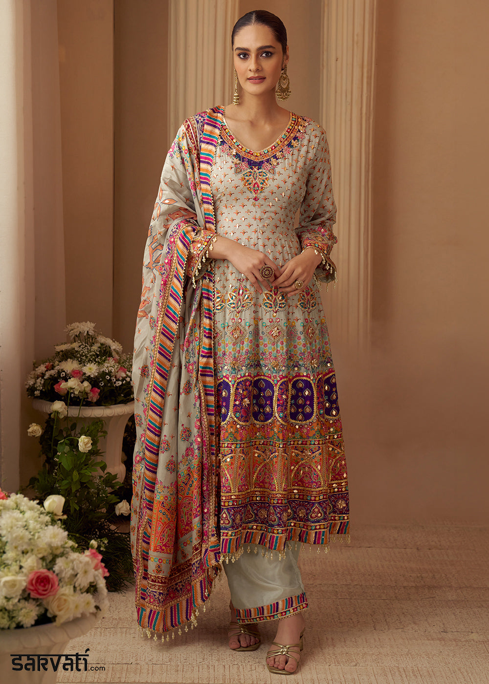 Multicolor Printed Crepe Silk Salwar Suit with Aari Stitching &amp; Gota Patti
