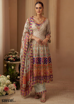 Multicolor Printed Crepe Silk Salwar Suit with Aari Stitching & Gota Patti