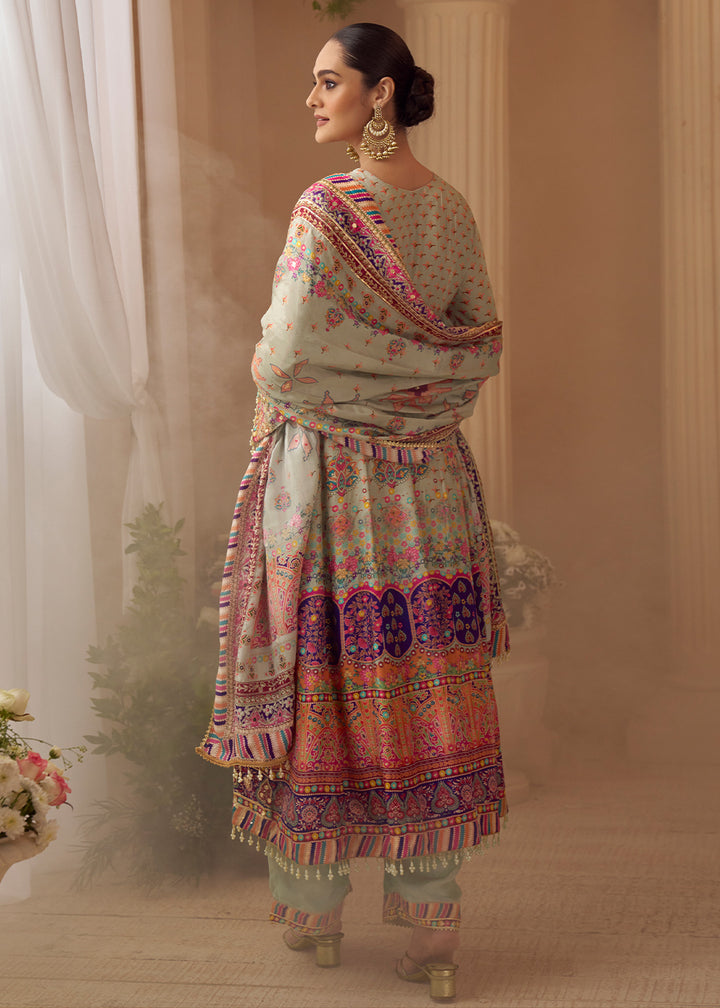 Multicolor Printed Crepe Silk Salwar Suit with Aari Stitching &amp; Gota Patti