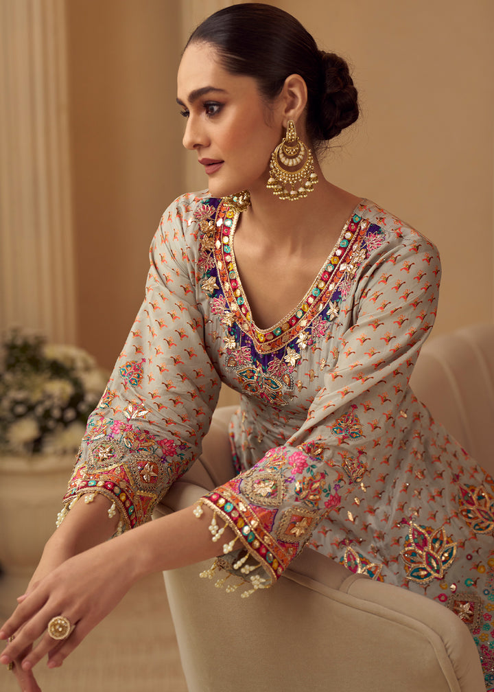 Multicolor Printed Crepe Silk Salwar Suit with Aari Stitching &amp; Gota Patti