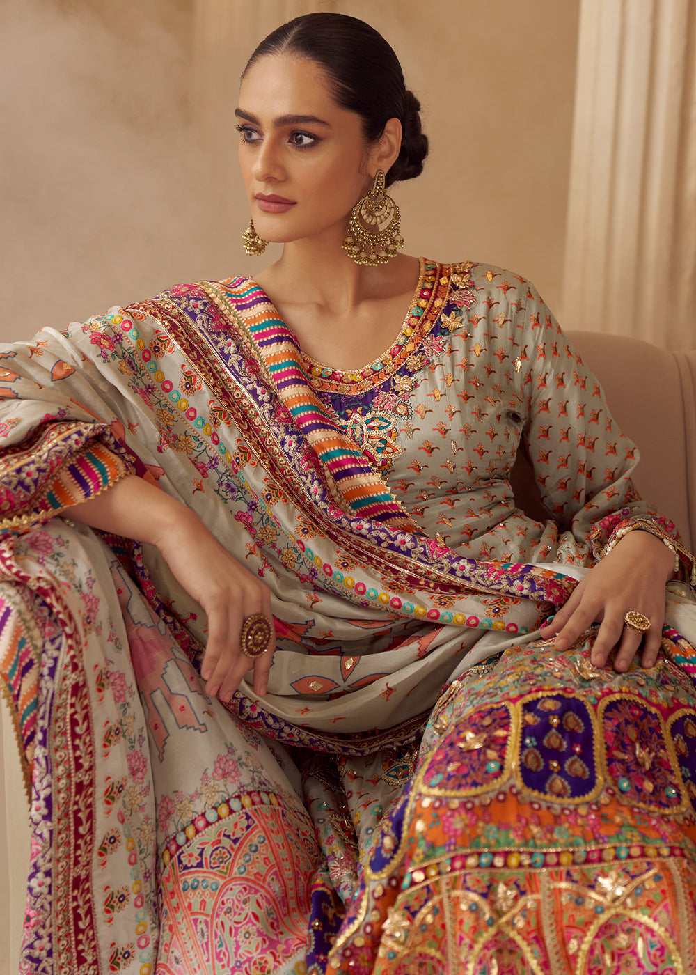 Multicolor Printed Crepe Silk Salwar Suit with Aari Stitching &amp; Gota Patti