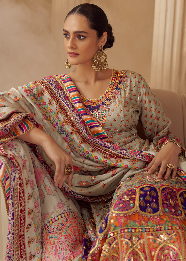 Multicolor Printed Crepe Silk Salwar Suit with Aari Stitching &amp; Gota Patti