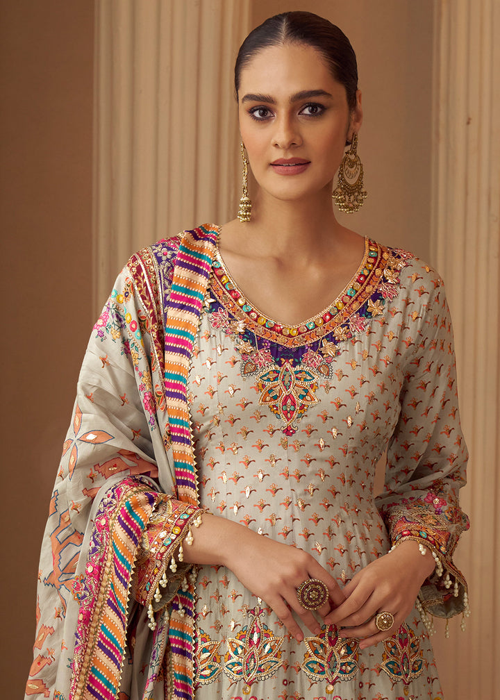 Multicolor Printed Crepe Silk Salwar Suit with Aari Stitching &amp; Gota Patti