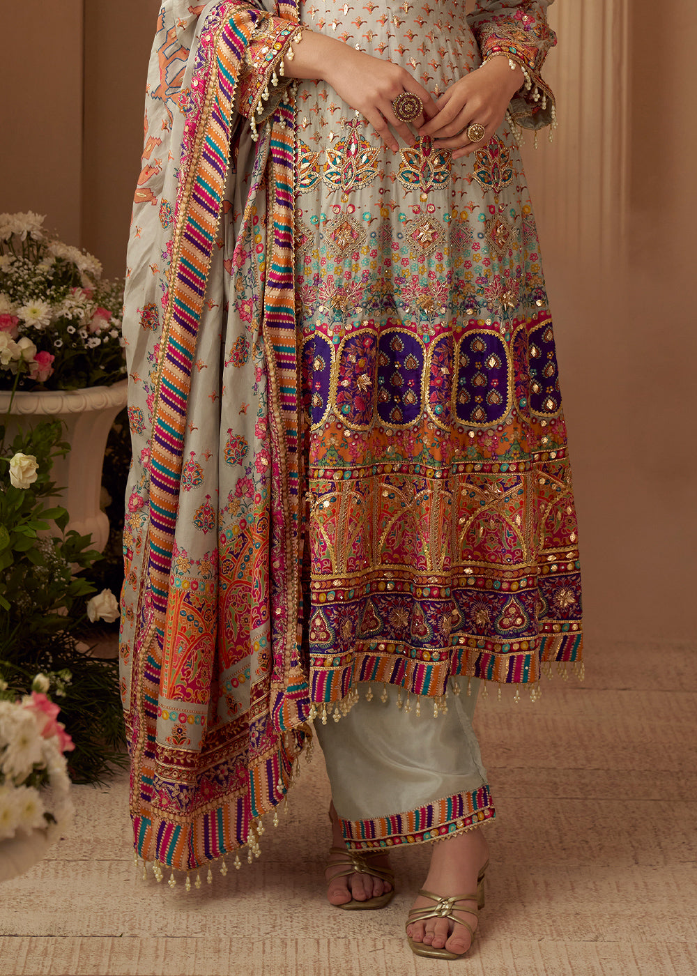 Multicolor Printed Crepe Silk Salwar Suit with Aari Stitching &amp; Gota Patti