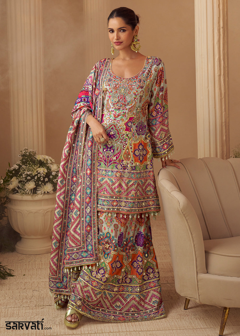 Multicolor Printed Crepe Silk Sharara Suit with Aari Stitching &amp; Gota Patti