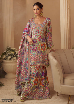 Multicolor Printed Crepe Silk Sharara Suit with Aari Stitching & Gota Patti