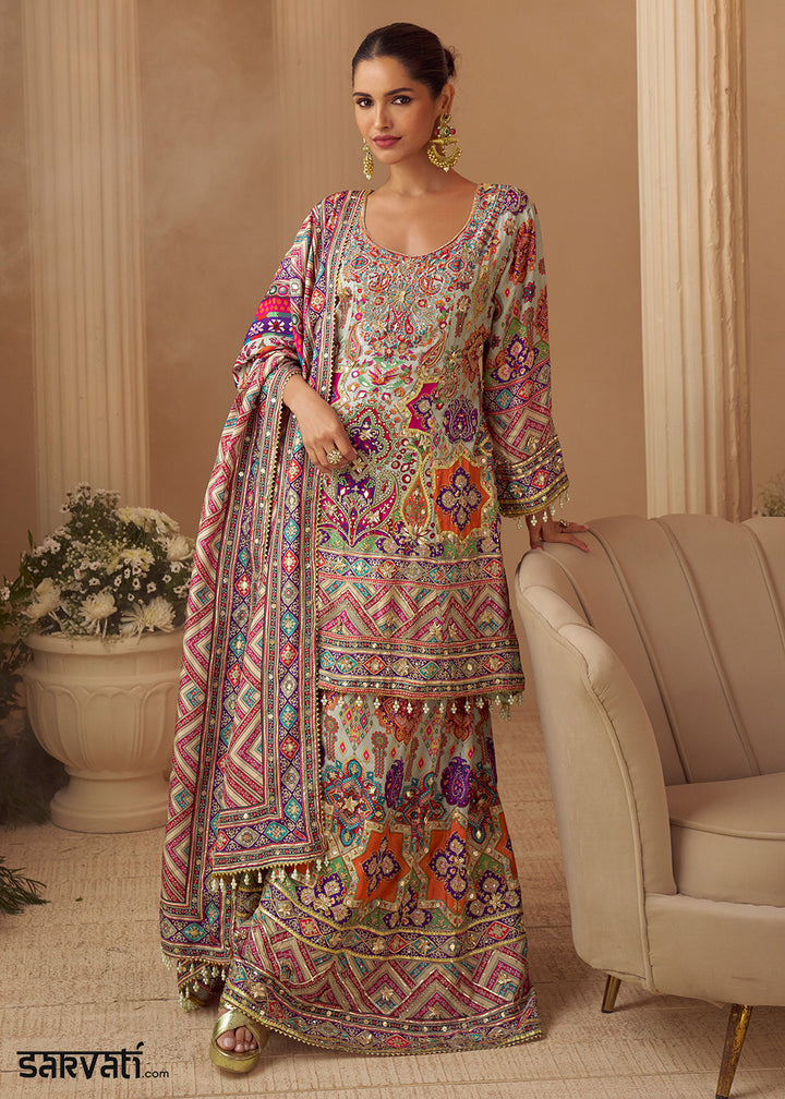 Multicolor Printed Crepe Silk Sharara Suit with Aari Stitching &amp; Gota Patti
