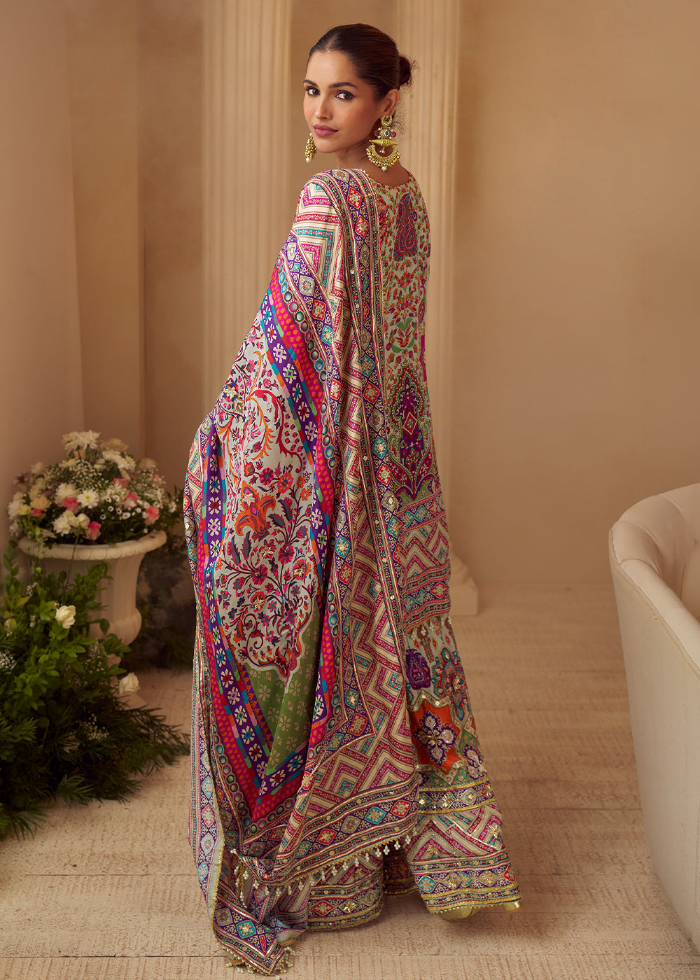 Multicolor Printed Crepe Silk Sharara Suit with Aari Stitching & Gota Patti
