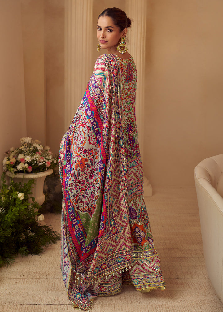 Multicolor Printed Crepe Silk Sharara Suit with Aari Stitching &amp; Gota Patti