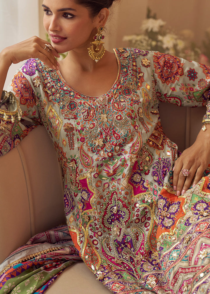 Multicolor Printed Crepe Silk Sharara Suit with Aari Stitching &amp; Gota Patti