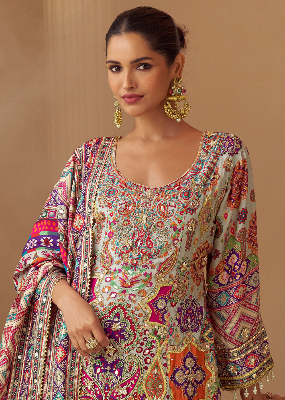 Multicolor Printed Crepe Silk Sharara Suit with Aari Stitching &amp; Gota Patti