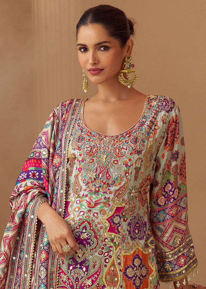 Multicolor Printed Crepe Silk Sharara Suit with Aari Stitching &amp; Gota Patti