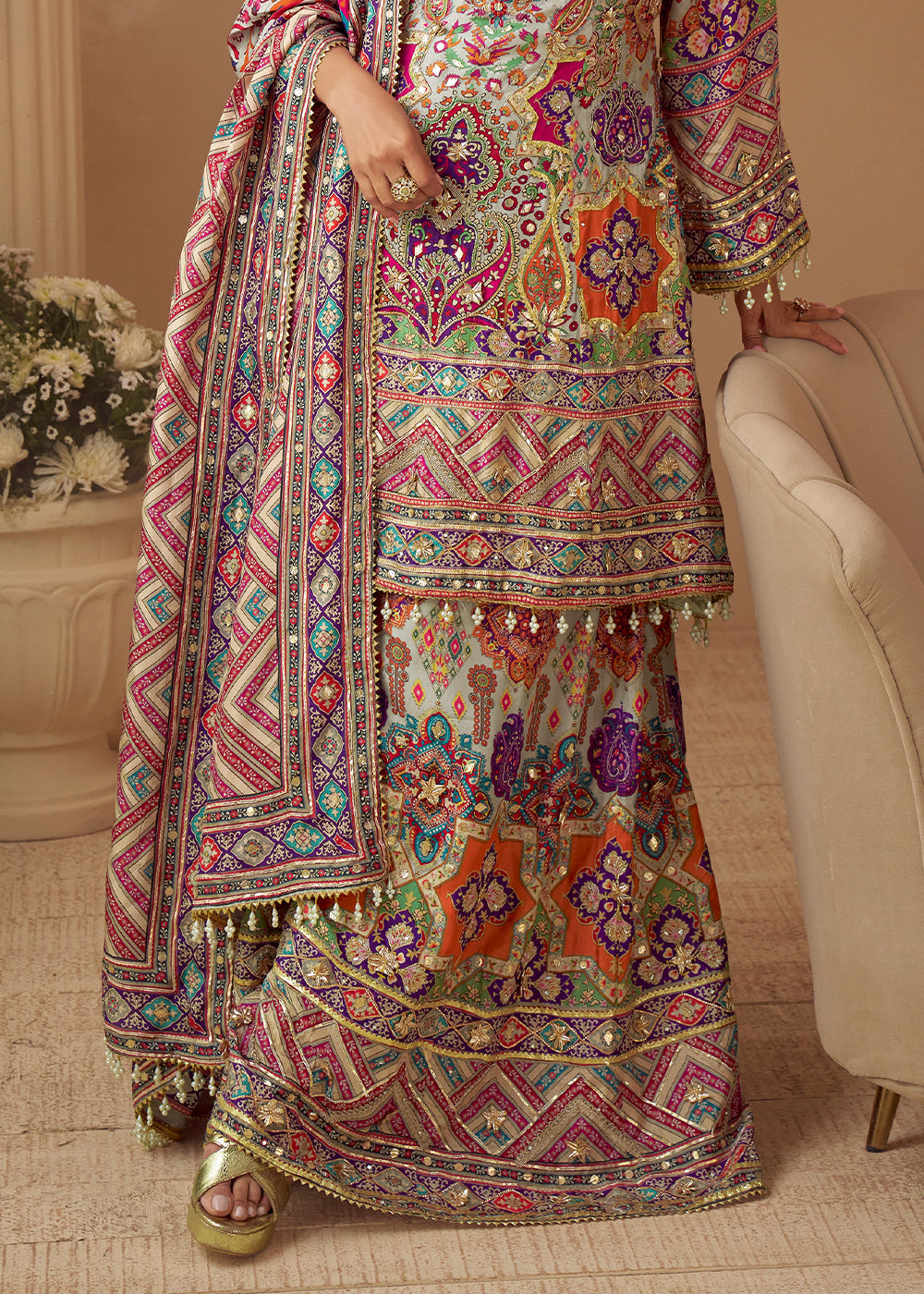 Multicolor Printed Crepe Silk Sharara Suit with Aari Stitching &amp; Gota Patti