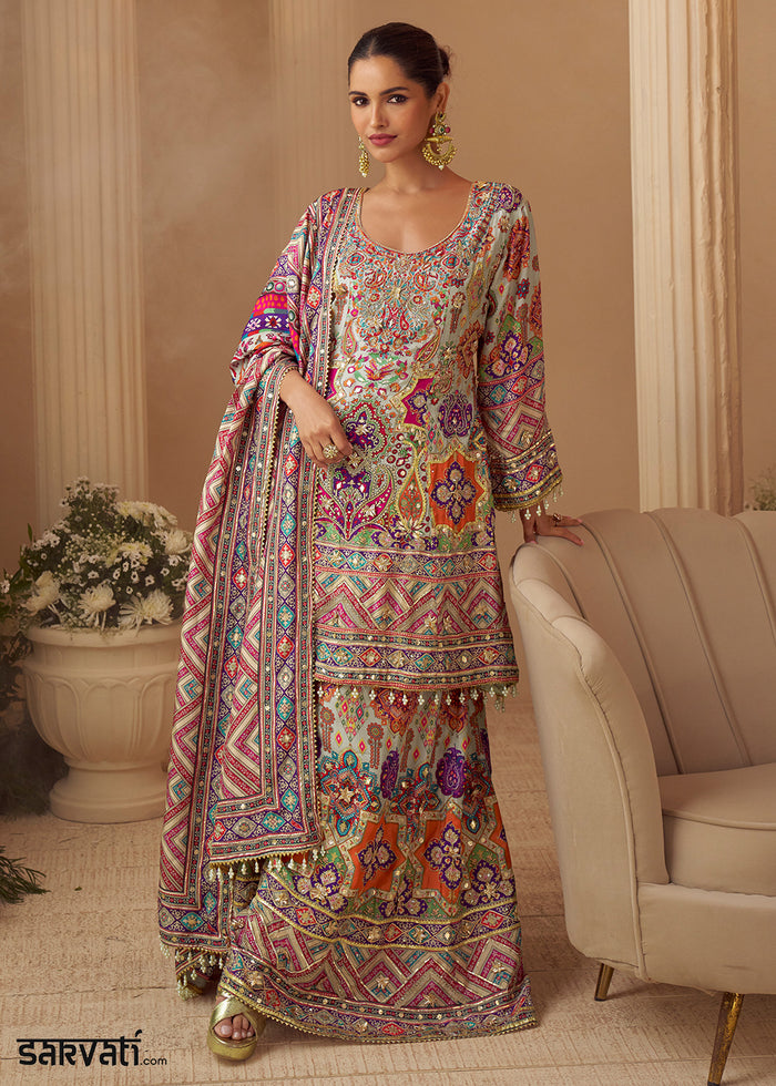 Multicolor Printed Crepe Silk Sharara Suit with Aari Stitching & Gota Patti