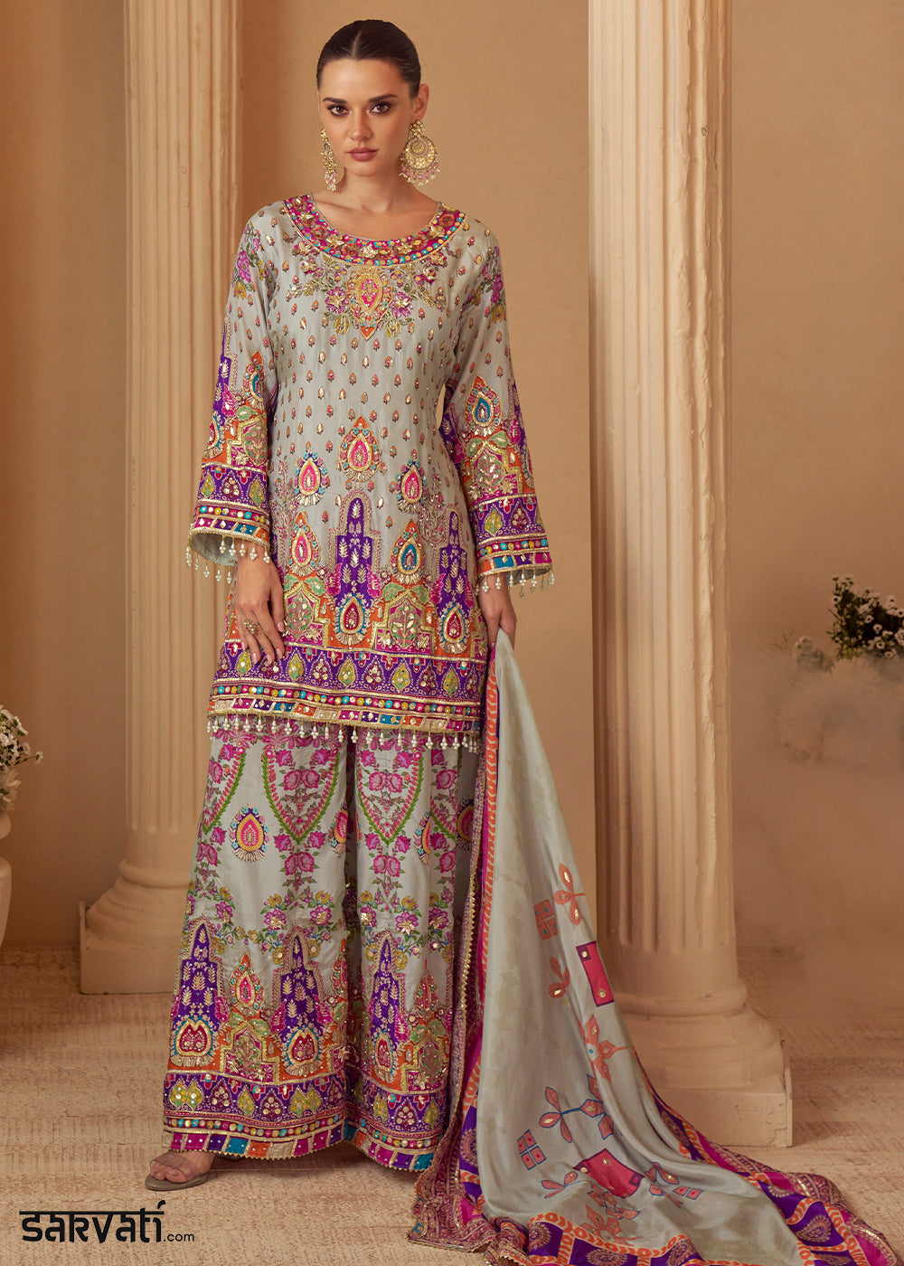 Multicolor Printed Crepe Silk Palazzo Suit with Aari Stitching &amp; Gota Patti