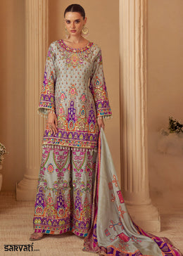Multicolor Printed Crepe Silk Palazzo Suit with Aari Stitching & Gota Patti