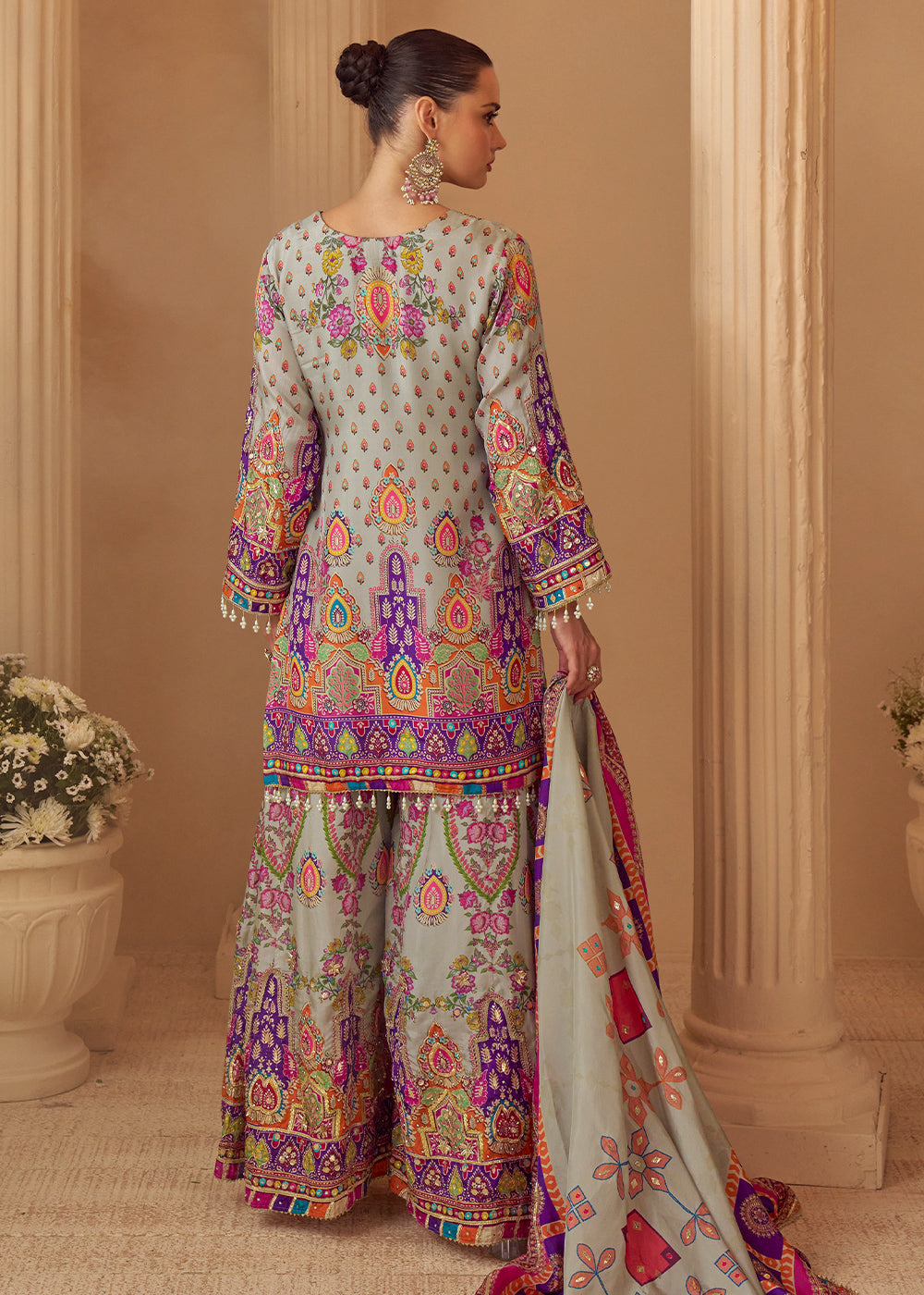 Multicolor Printed Crepe Silk Palazzo Suit with Aari Stitching &amp; Gota Patti