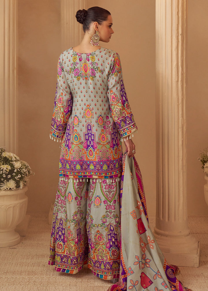 Multicolor Printed Crepe Silk Palazzo Suit with Aari Stitching &amp; Gota Patti