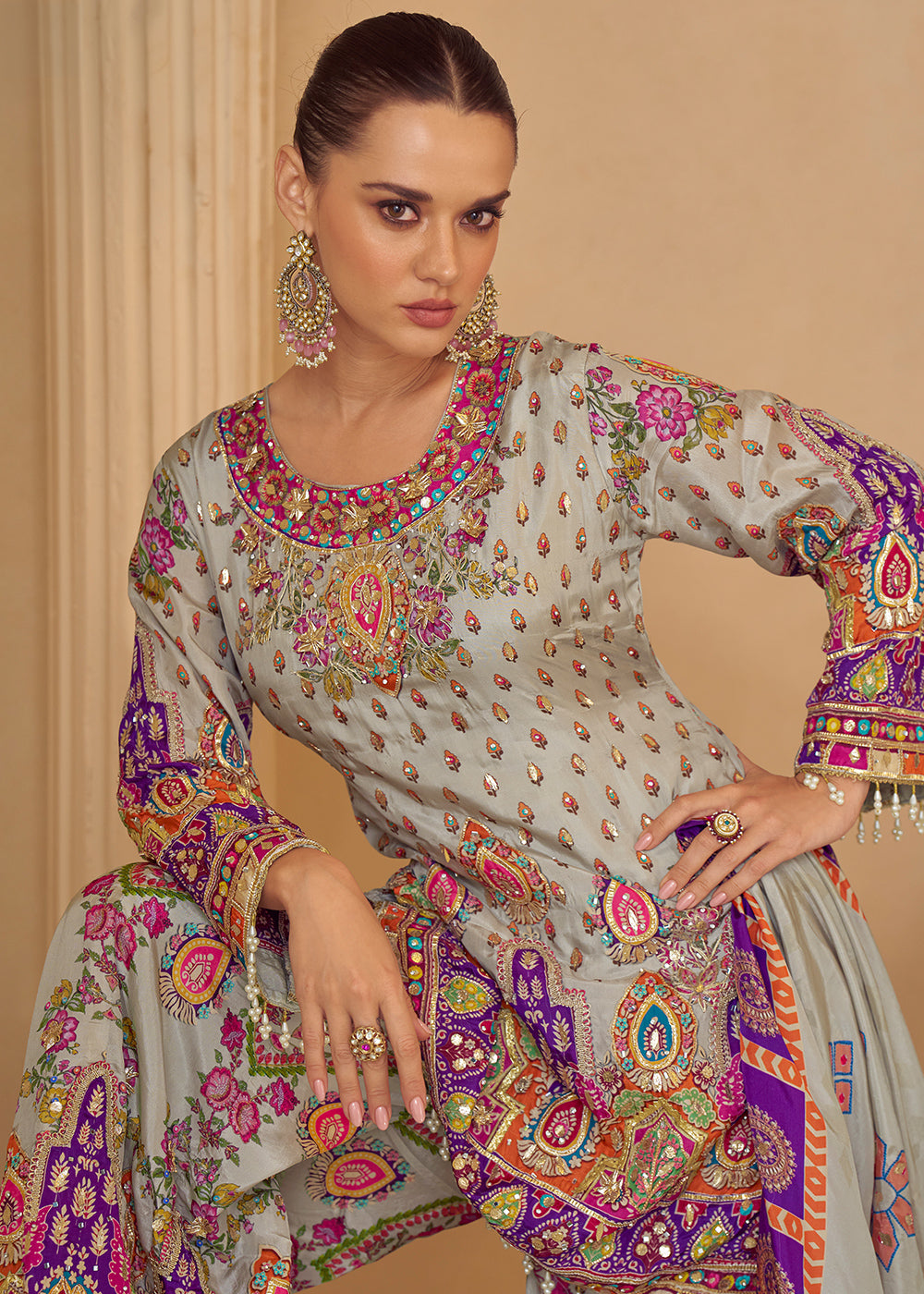 Multicolor Printed Crepe Silk Palazzo Suit with Aari Stitching &amp; Gota Patti