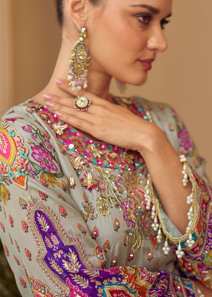 Multicolor Printed Crepe Silk Palazzo Suit with Aari Stitching &amp; Gota Patti