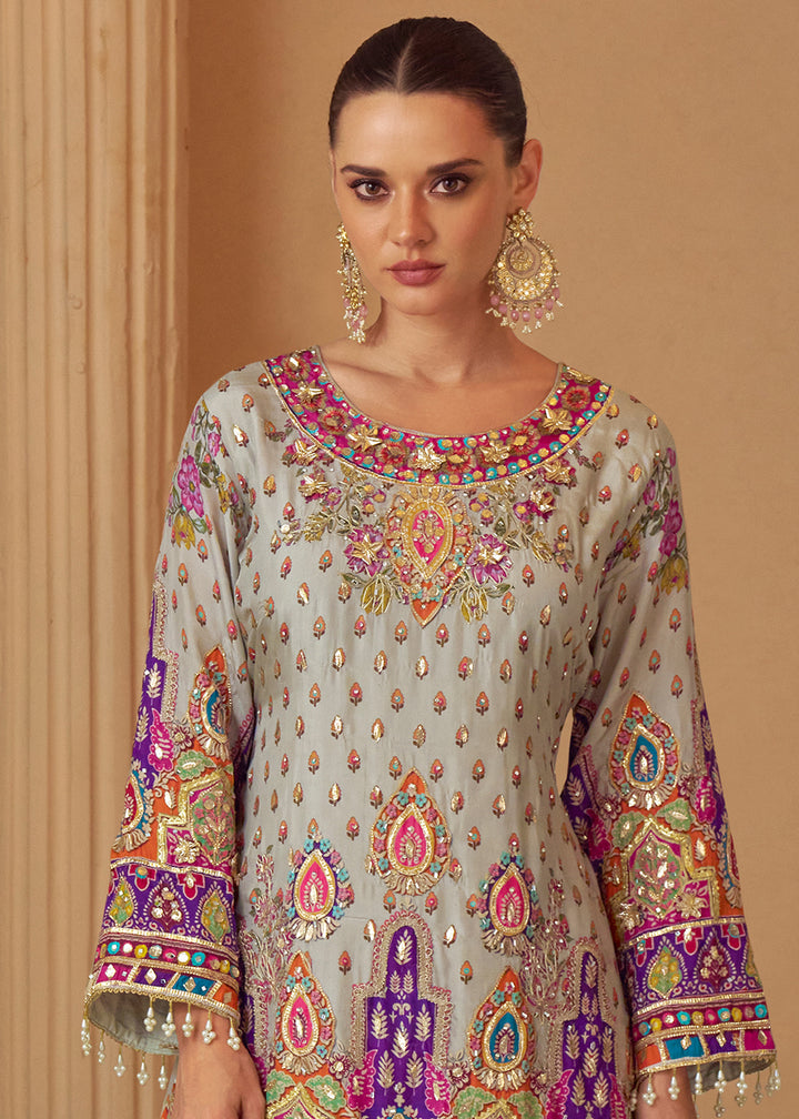 Multicolor Printed Crepe Silk Palazzo Suit with Aari Stitching &amp; Gota Patti