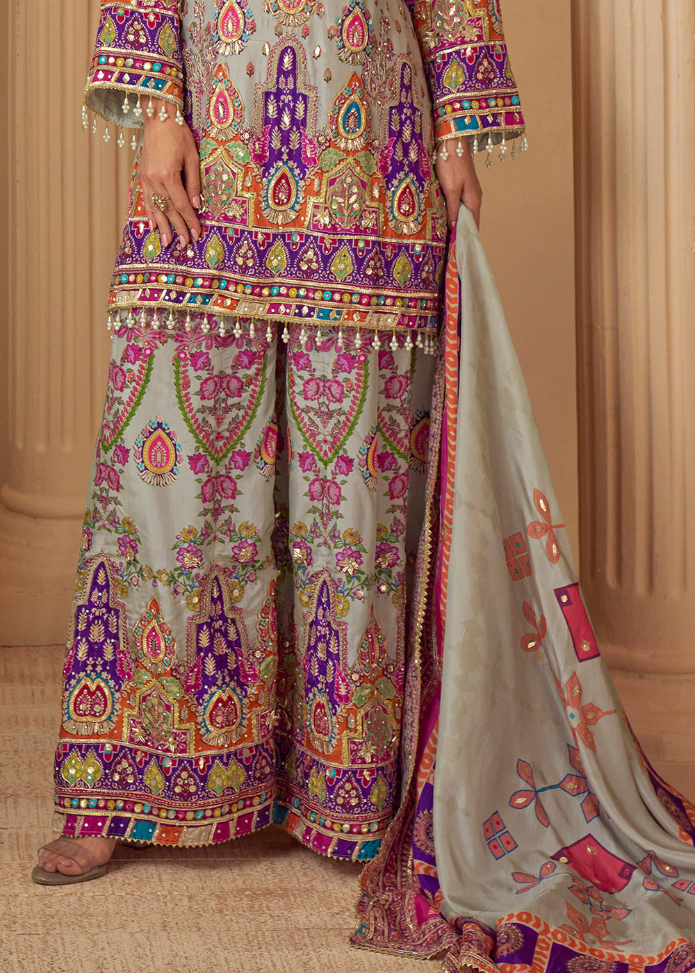 Multicolor Printed Crepe Silk Palazzo Suit with Aari Stitching &amp; Gota Patti