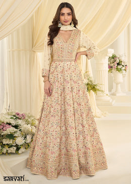 Cream White Georgette Anarkali Gown with All-Over Zarkan Embroidery