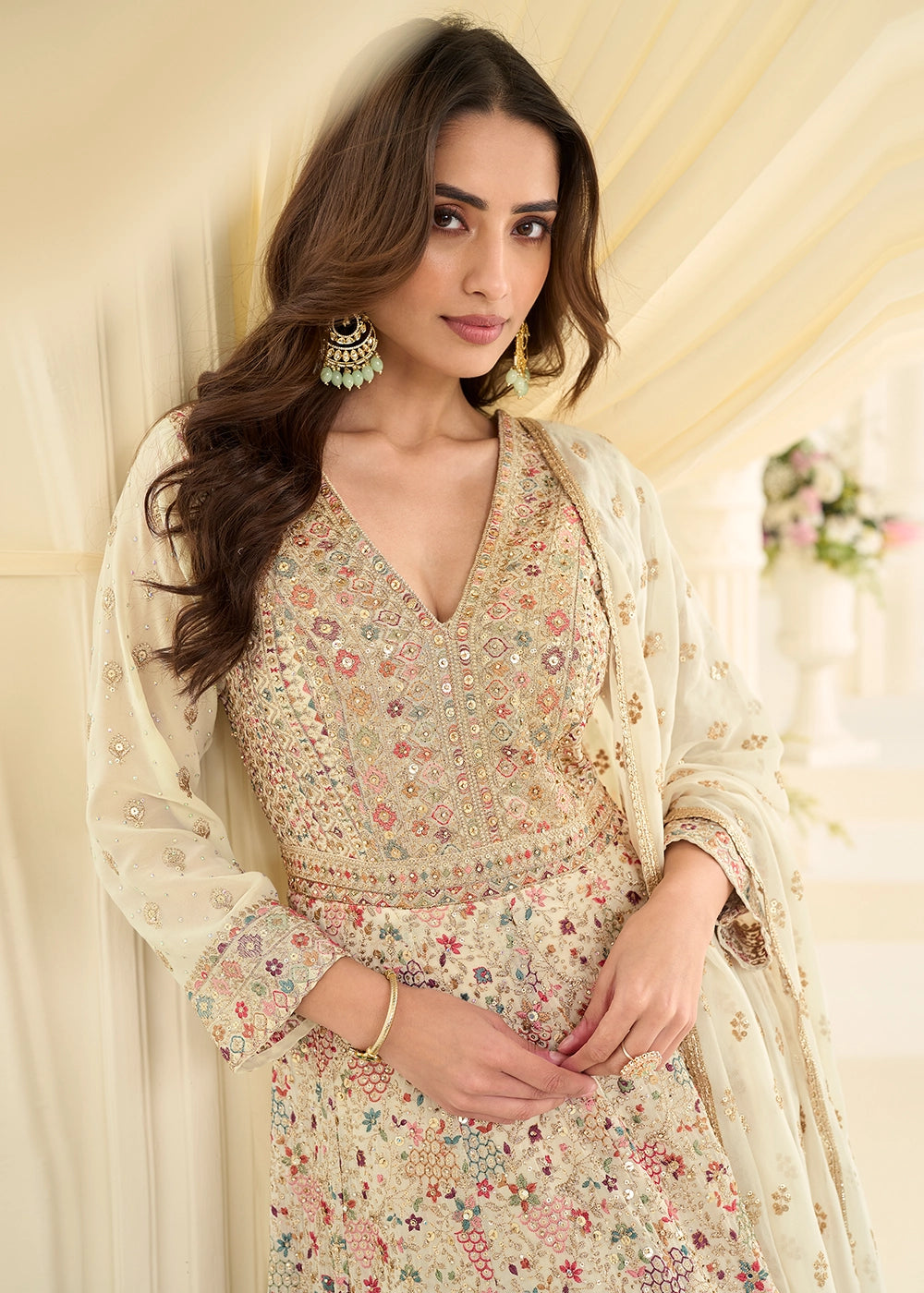 Cream White Georgette Anarkali Gown with All-Over Zarkan Embroidery