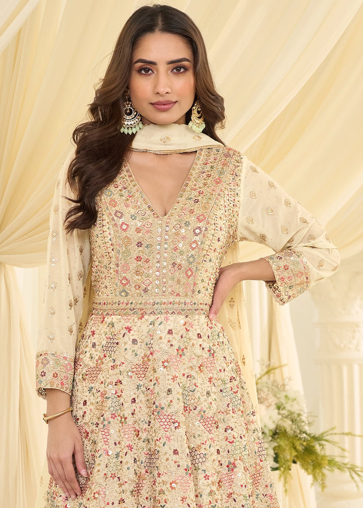 Cream White Georgette Anarkali Gown with All-Over Zarkan Embroidery