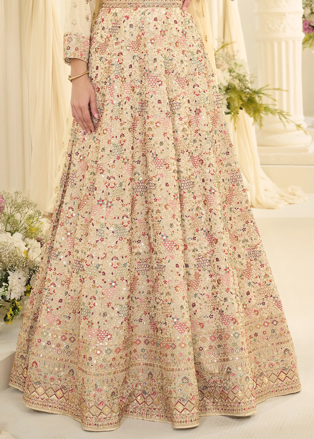 Cream White Georgette Anarkali Gown with All-Over Zarkan Embroidery