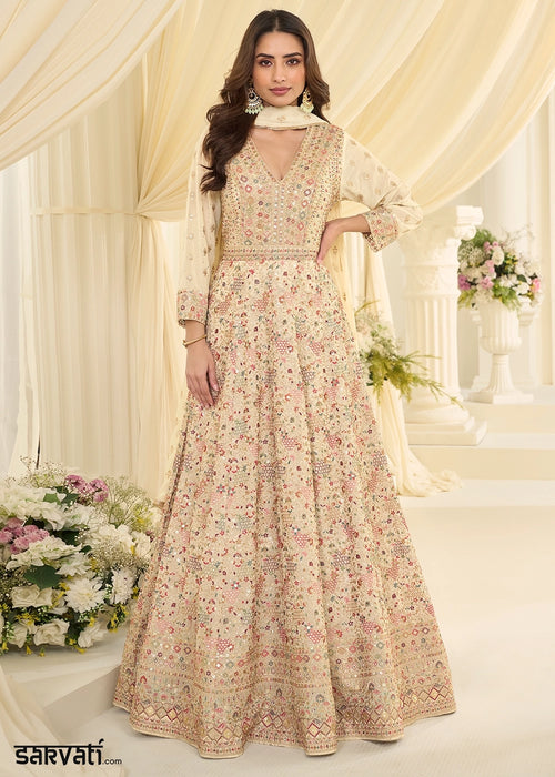 Cream White Georgette Anarkali Gown with All-Over Zarkan Embroidery