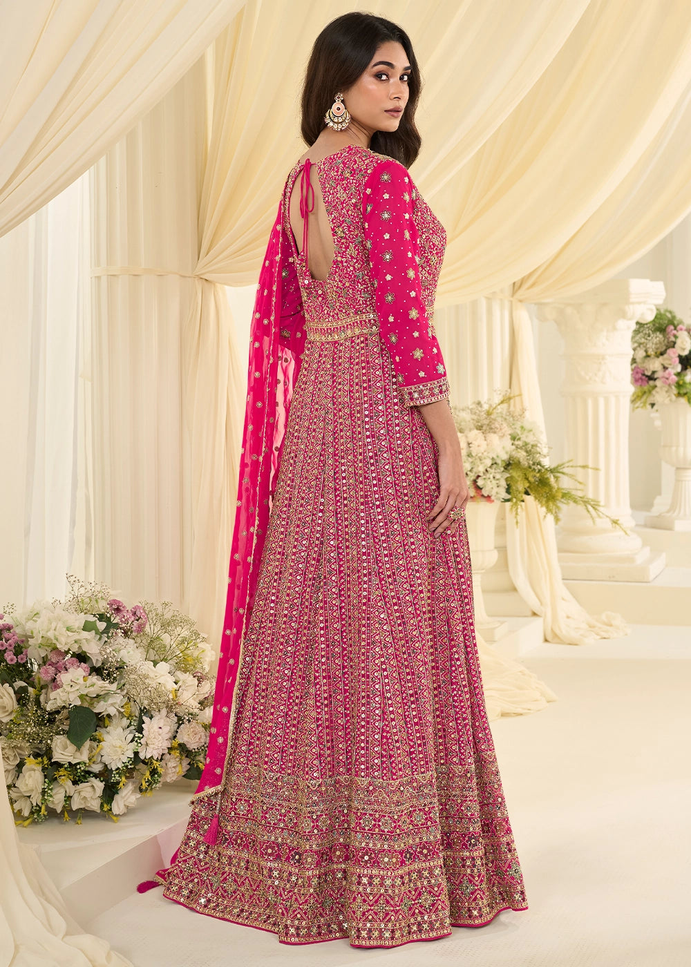 Hot Pink Georgette Anarkali Gown with All-Over Zarkan Embroidery