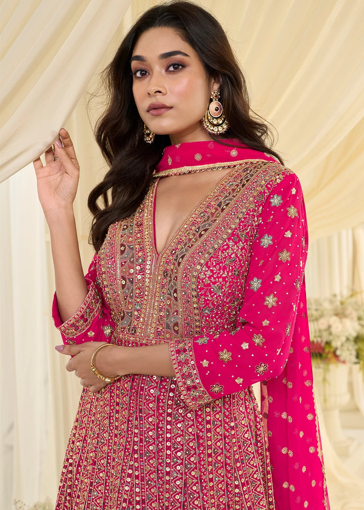 Hot Pink Georgette Anarkali Gown with All-Over Zarkan Embroidery