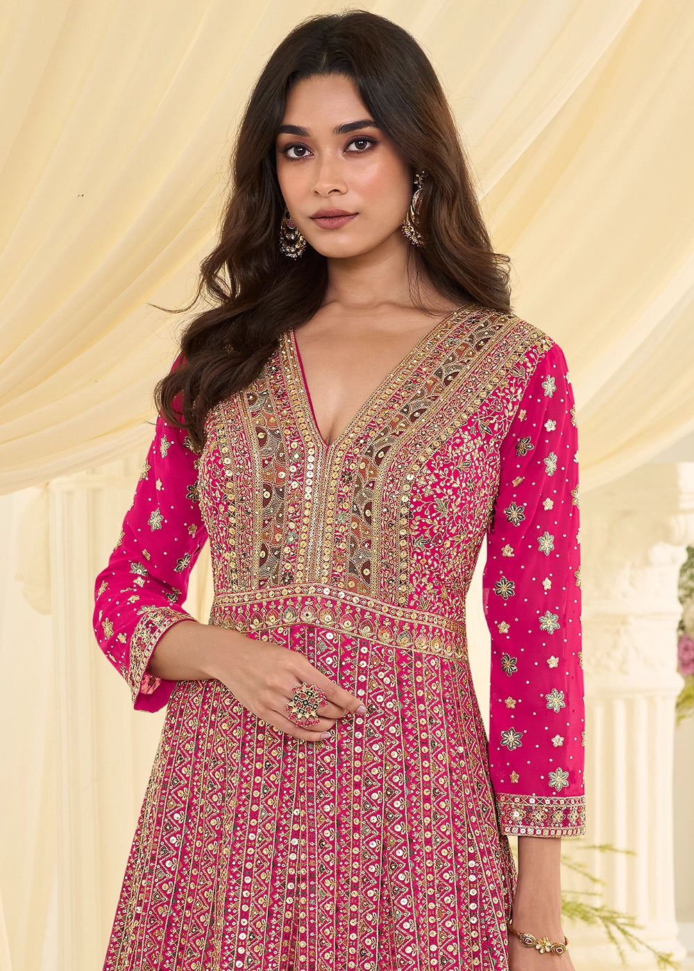 Hot Pink Georgette Anarkali Gown with All-Over Zarkan Embroidery