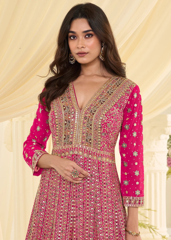 Hot Pink Georgette Anarkali Gown with All-Over Zarkan Embroidery