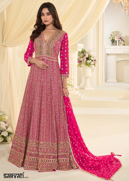 Hot Pink Georgette Anarkali Gown with All-Over Zarkan Embroidery