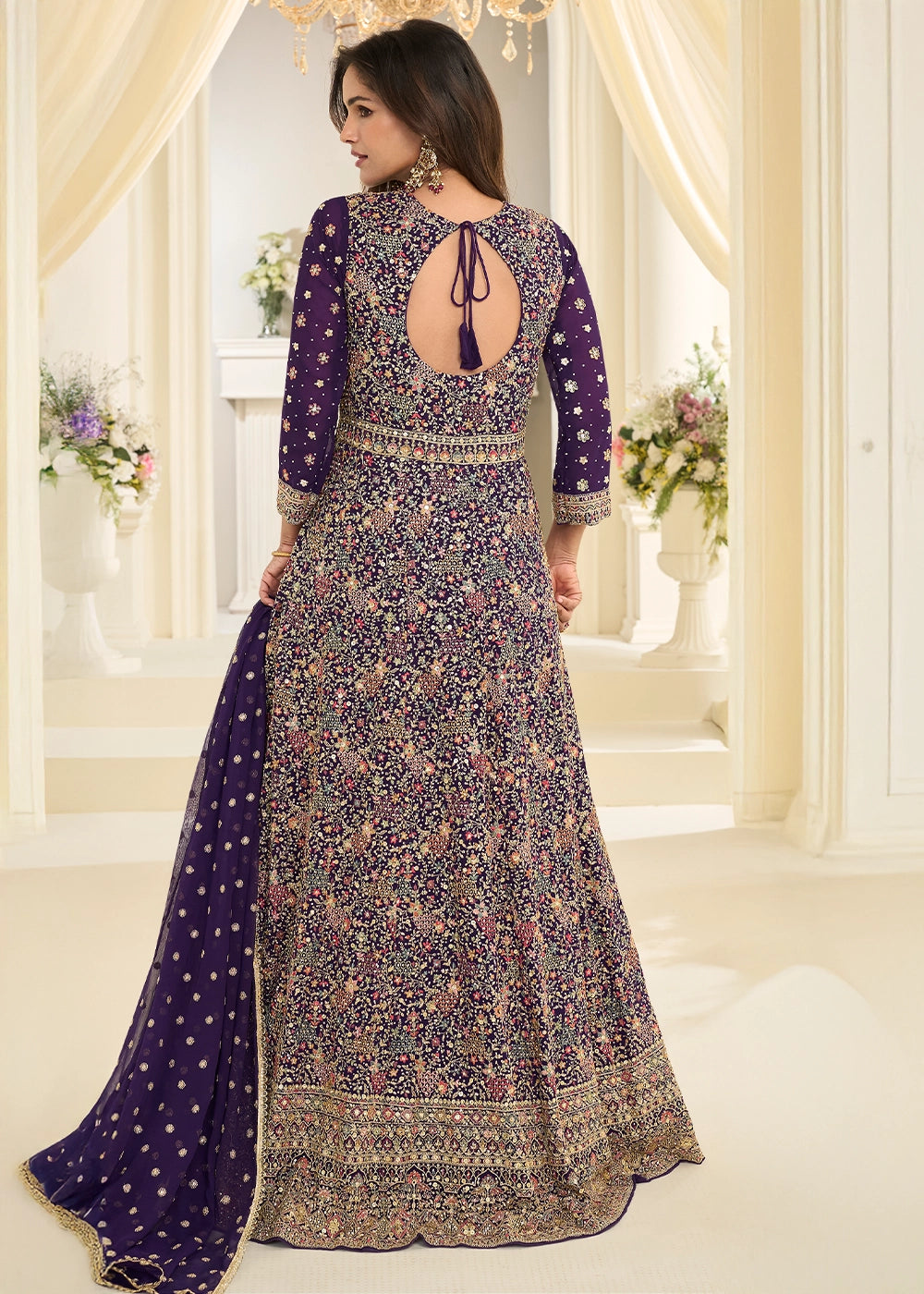 Indigo Purple Georgette Anarkali Gown with All-Over Zarkan Embroidery