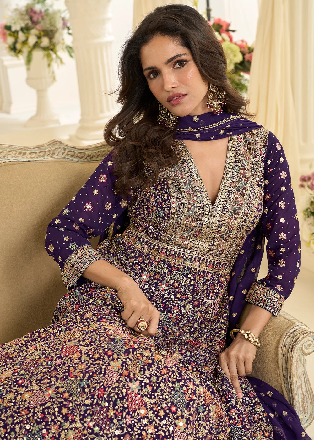 Indigo Purple Georgette Anarkali Gown with All-Over Zarkan Embroidery