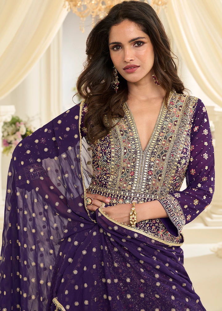 Indigo Purple Georgette Anarkali Gown with All-Over Zarkan Embroidery